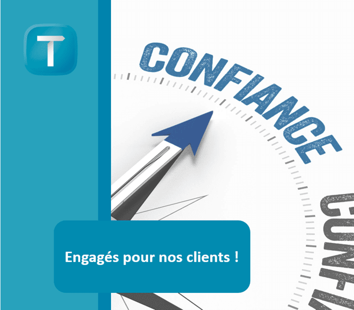 Une boussole représentant les valeurs de Technett, à commencer par la confiance, avec un encart bleu où il est écrit : "Engagés pour nos clients !"