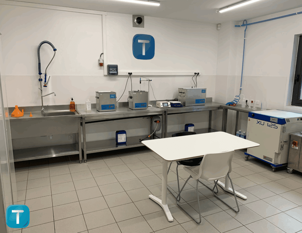 Une salle de laboratoire avec différents outils, et le logo de Technett sur le tableau blanc du fond de la pièce.